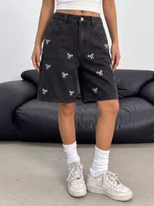 SHEIN Teen Girl Bow Embroidery Pocket Casual Denim Shorts - Black - View 5