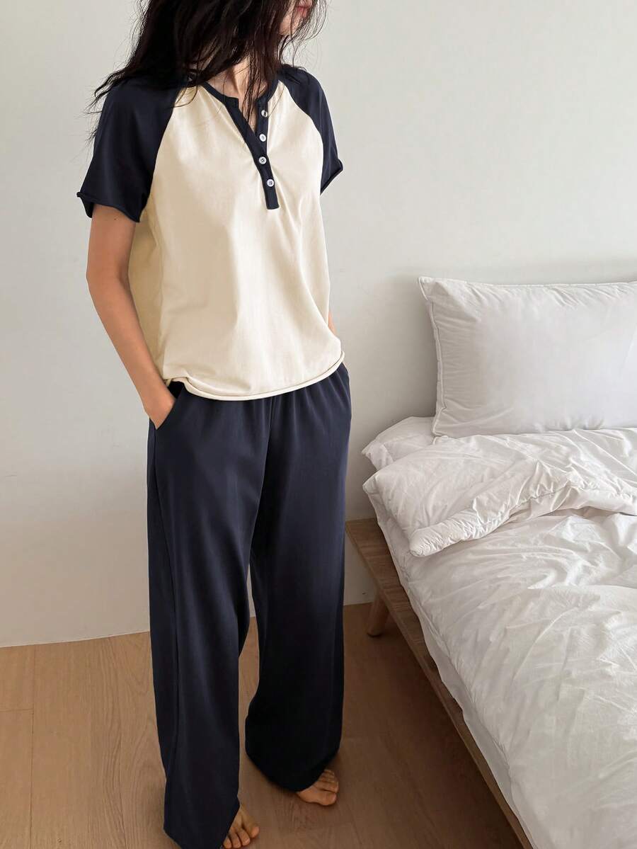 DAZY 2件套女士休闲撞色插肩袖宽松长款T恤和短裤睡衣套装，夏季 - 杏色 - 查看 1