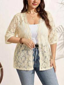 SHEIN LUNE 大尺碼女款蕾絲休閒百搭日常夾克外套 秋季 - 米色 - 查看 7