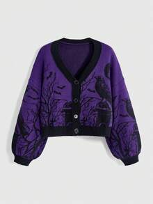 ROMWE Cardigan Ukuran Plus Motif Halloween Gothic Horor Gagak Kelelawar Bulan Kuburan Ranting Tanaman Bagian Depan Terbuka Longgar Bahu Jatuh Warna Kontras - Purple - View 1