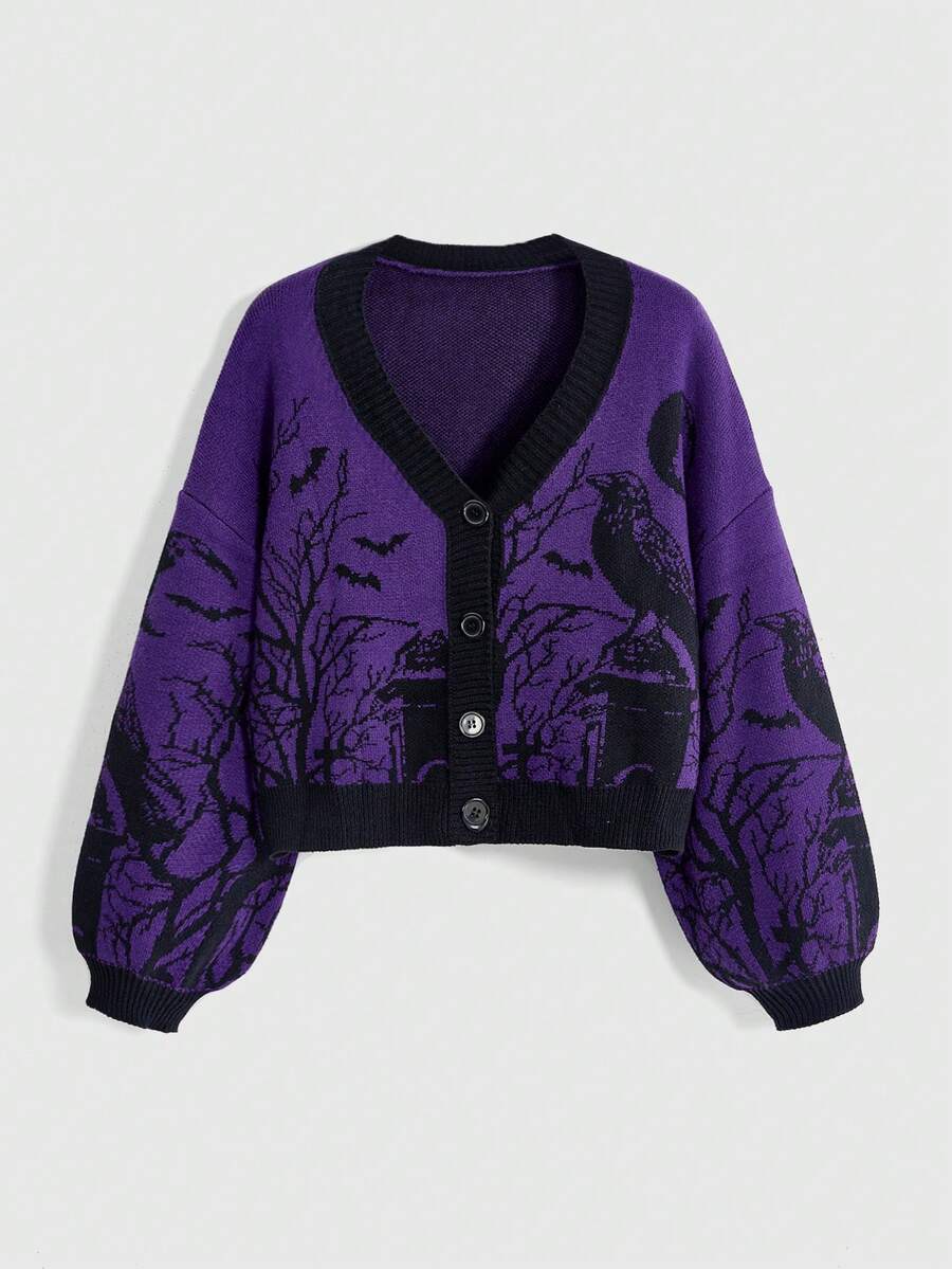 ROMWE Cardigan Ukuran Plus Motif Halloween Gothic Horor Gagak Kelelawar Bulan Kuburan Ranting Tanaman Bagian Depan Terbuka Longgar Bahu Jatuh Warna Kontras - Purple - View 1