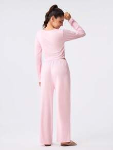 Loungeista 2pcs/Set Women's Round Neck Lace Patchwork Long Sleeve Top + Elastic Waist Long Pants Cute Loungewear Set - Pink - View 3