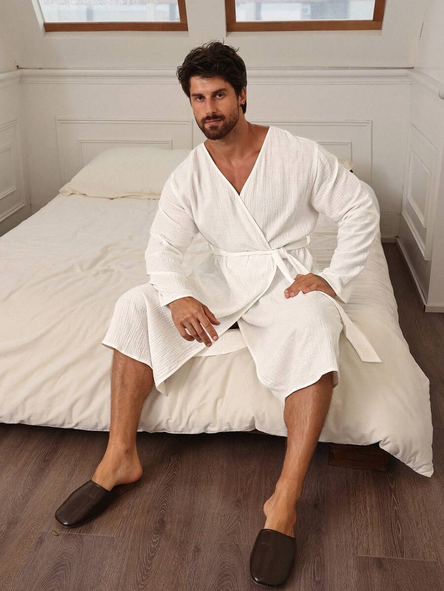 DAZY Spring/Summer Solid Blue Long Men's Robe - White - View 1