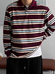 DAZY Spring/Autumn Brown, Beige, Blue Striped Polo Collar Long Sleeve Ribbed Cuff Men's T-Shirt - Multicolor - View 1