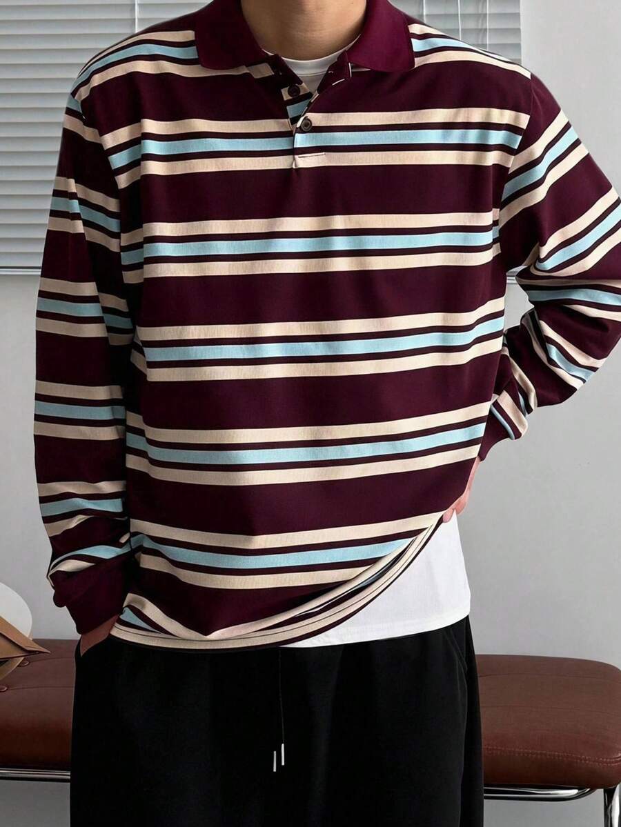 DAZY Spring/Autumn Brown, Beige, Blue Striped Polo Collar Long Sleeve Ribbed Cuff Men's T-Shirt - Multicolor - View 1