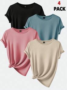 INAWLY Plus Size Women's Solid Color Round Neck Short Sleeve T-Shirt (Multiple Pieces) - Multicolor - View 1