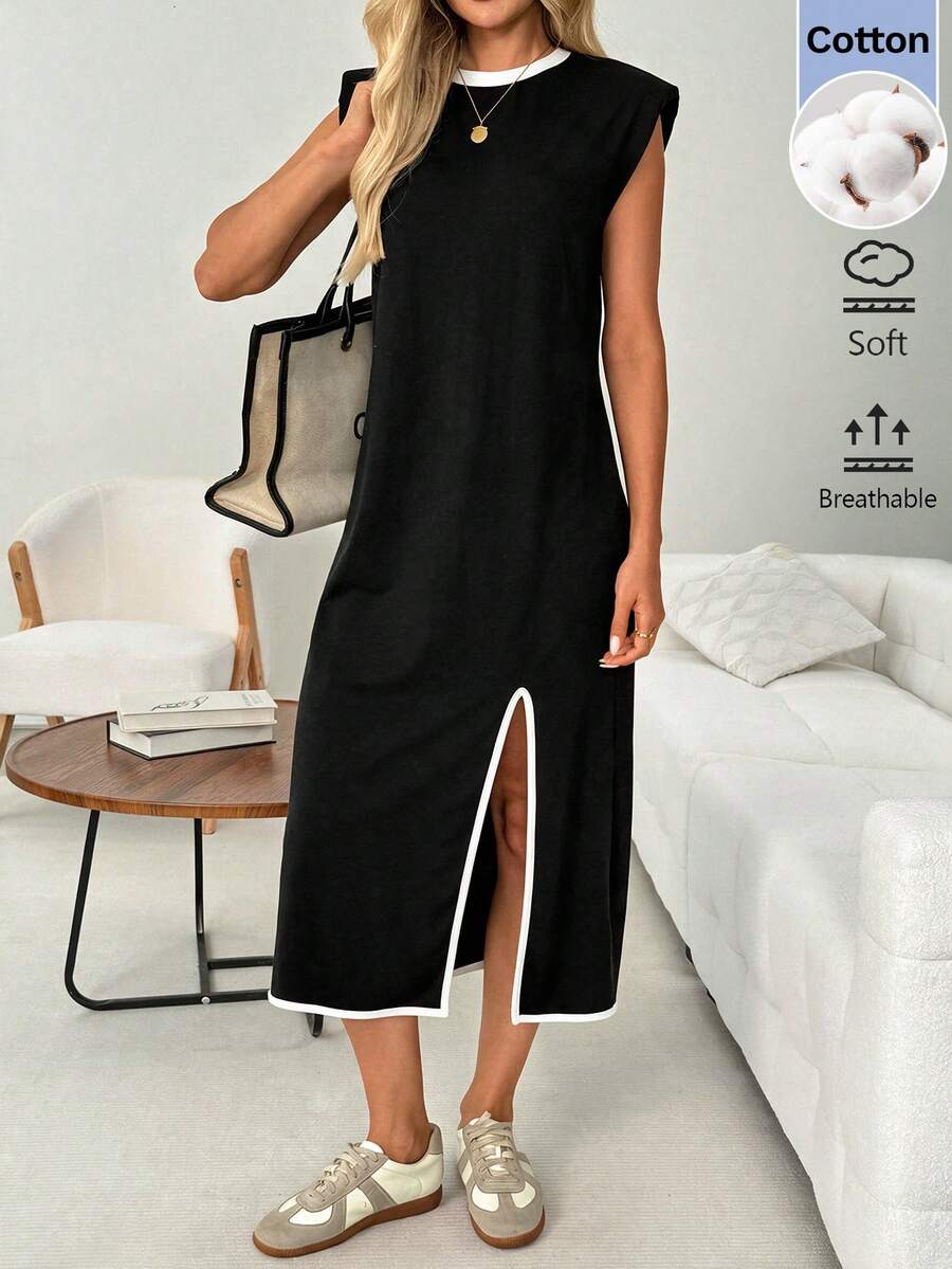 SHEIN LUNE Women's Casual Commute Mid-Length Dress With Color Block, Split Hem, Long Sleeves, Patchwork Design, Autumn/Winter Outdoor Wear - Black and White - View 1