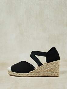 Styleloop Sandalias de tacón alto para mujer con tiras cruzadas de goma y cuerda de paja - Negro - Ver 1