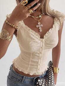SHEIN EZwear قميص نسائي بلون موحد مطوي كاجوال متعدد الاستخدامات للارتداء اليومي - كاكي - مشاهدة 9