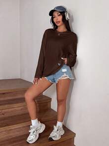 SHEIN EZwear 夏季純色蝴蝶結裝飾短版修身 T-shirt - 棕色 - 查看 6