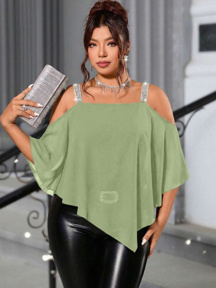 Cravure Plus Size Black Sheer Cold Shoulder Blouse With Silver Trim Straps And Lace Back Detail - Green - View 1