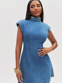NYA SZN Women's Stand Collar Cap Sleeve Frayed Hem Casual Denim Dress - Medium Wash - View 6