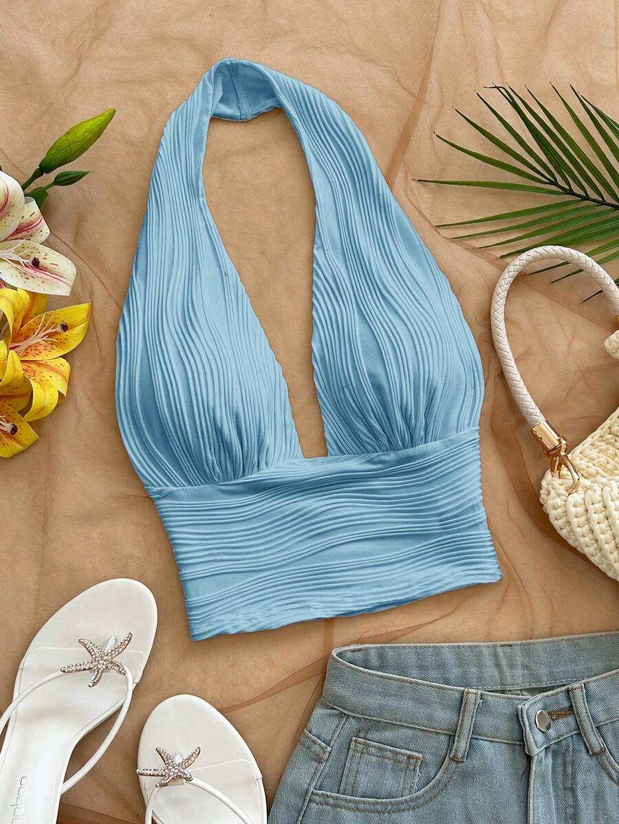 Soleia Women's Textured Halter Neck Tank Top For Beach Vacation - Blue - View 1