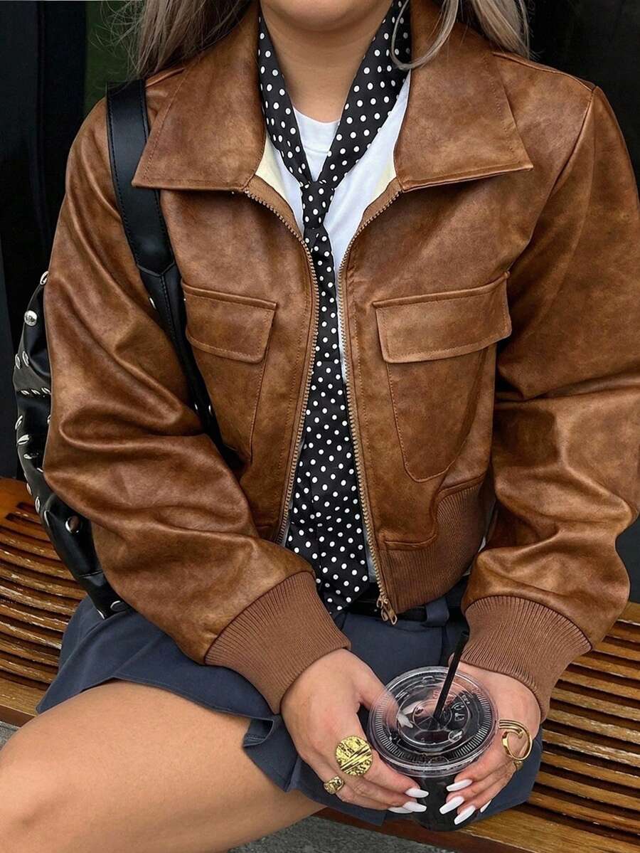 Dazy Plus Jaket Kasual Blogger Model Longgar Warna Cokelat untuk Musim Semi/Gugur, Jaket Luar Biasa - Mocha Brown - View 1