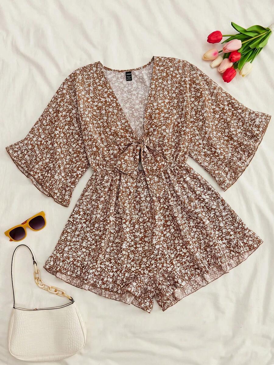 SHEIN VCAY 女款全印花休閒日常夏季連身褲 - 棕色 - 查看 1