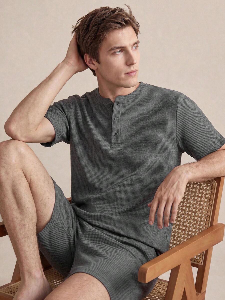EverLounge 休閒春季亨利領男士居家服套裝 - 深灰色 - 查看 1