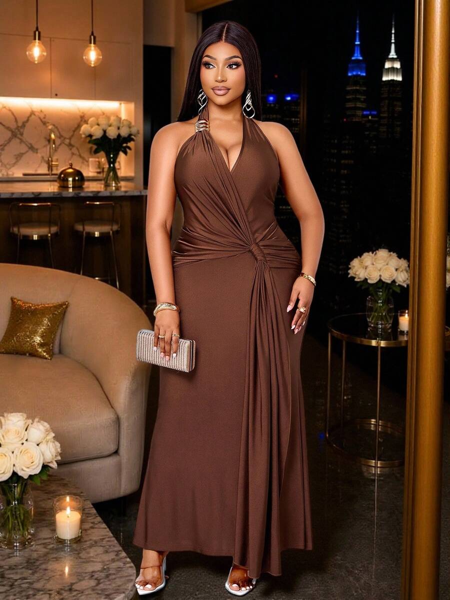 SOLERSUN V-Neck Halter Backless Mermaid Long Dress, Metal Buckles Flowing Satin Ribbons, Parties Formal Wedding Guest Evening Events Brown Summer Elegant - Coffee Brown - View 1