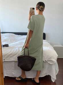Livesso 女士圆领短袖纯色简约时尚优雅连衣裙 - 綠色 - 查看 2