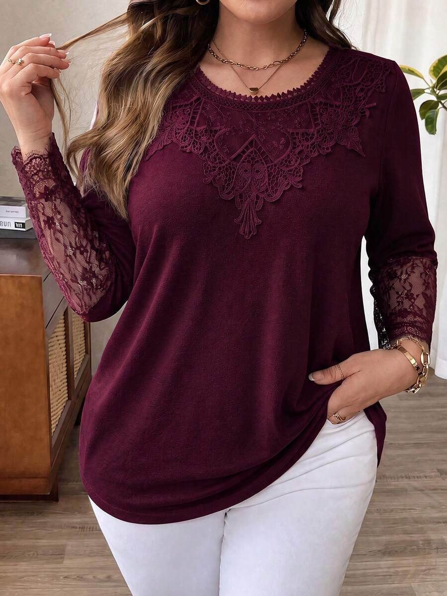 Lacomfia Women's Round Neck Embroidered Lace Versatile Casual Design Plus Size T-Shirt For Autumn/Winter Home Wear
