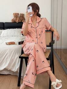 Napfluff Halloween Funny Pumpkin Print Striped Loungewear Set, Comfortable Lapel Short Sleeve 2 Pieces Set - Coral Orange - View 5