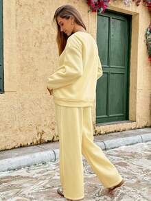 Lyckli Maternity Letter Print Long Sleeve Top And Adjustable Waist Long Pants Casual Daily 2 Pieces Set Fall - Yellow - View 10