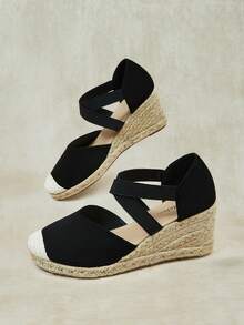 Styleloop Sandalias de tacón alto para mujer con tiras cruzadas de goma y cuerda de paja - Negro - Ver 6
