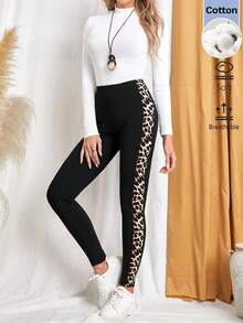 Easowa Legging Patchwork Motif Leopard untuk Wanita, Pakaian Kasual Musim Gugur/Dingin, Pakaian Sehari-hari untuk Berpergian, dan Bergaya Dasar. - Hitam - View 4