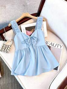 Franclia Women's Solid Color Pleated Casual Versatile Daily Wear Top - Baby Blue - View 4