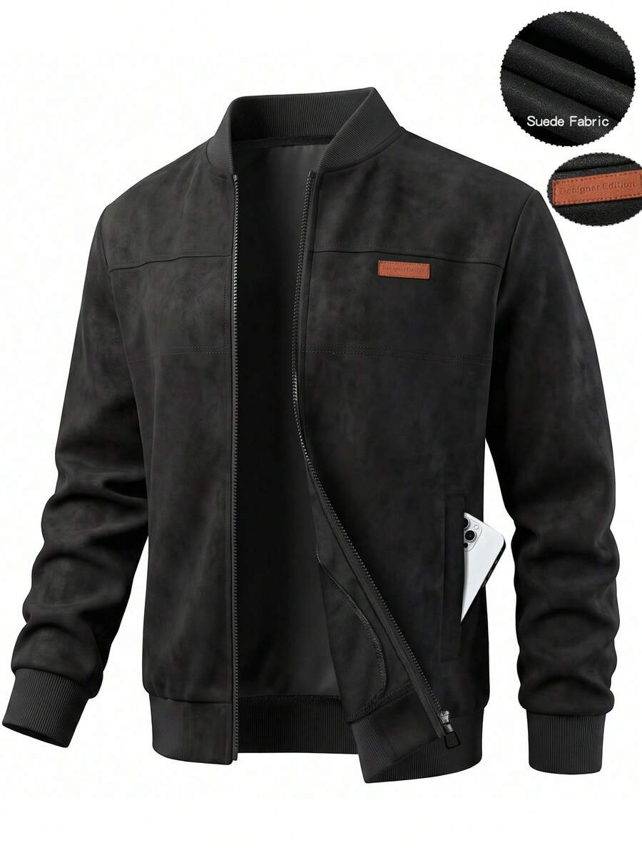 Manfinity Homme Men's Black Faux Suede Baseball Collar Jacket, Zip-Up Cardigan With Side Pockets And Leather Patch Decor, Casual Streetwear Style - Black - View 1