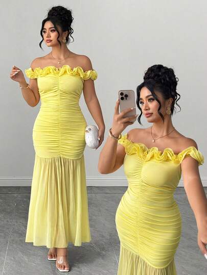 Elenzga Women's Plus Size Off-Shoulder 3D Ruffle Decor Front Ruched Hem Mesh Patchwork High Elastic Waist Slimming Elegant Sophisticated Cocktail Party Afternoon Tea Party Dress Fashionable Streetwear Pale Yellow Long Dress