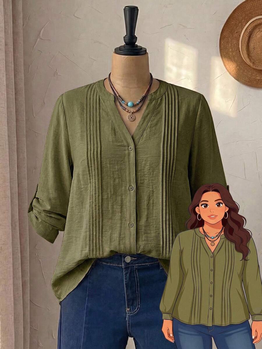 Modelyn Plus Size Casual Versatile Solid Color Shirt - Army Green - View 1