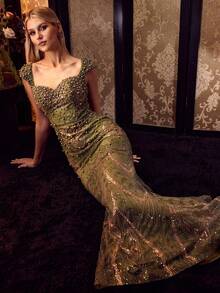 MOTF Soiréza SEQUIN BEADED EAMBROIDERY MERMAID HEM PROM DRESS - Olive Green - View 8