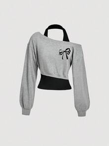 SHEIN MOD 女款 2 合 1 設計休閒運動衫，胸前蝴蝶結圖案，休閒優雅可愛時尚 - 彩色 - 查看 1