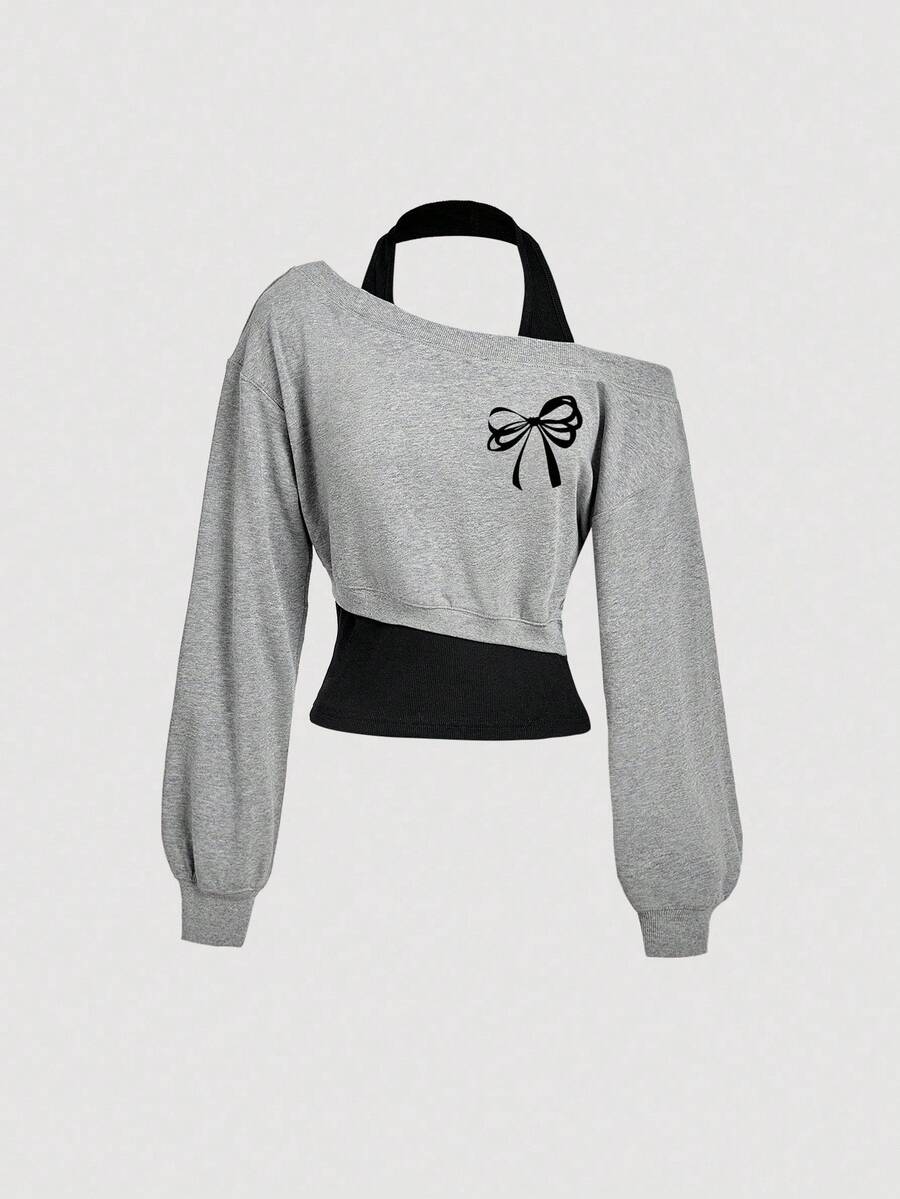 SHEIN MOD 女款 2 合 1 設計休閒運動衫,胸前蝴蝶結圖案,休閒優雅可愛時尚 - 彩色 - 查看 1