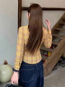 DAZY 女款格紋修身腰短袖領口休閒度假夏季襯衫上衣 - 黃色 - 查看 2
