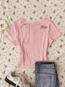 Teen Girl Summer New Slim Fit Flattering Versatile Pink Ribbed Knit Round Neck Button Short Sleeve Top - Pink - View 2