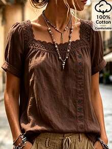 Balvessa White Square Neck Lace Patchwork Casual Blouse For Women - Coffee Brown - View 1