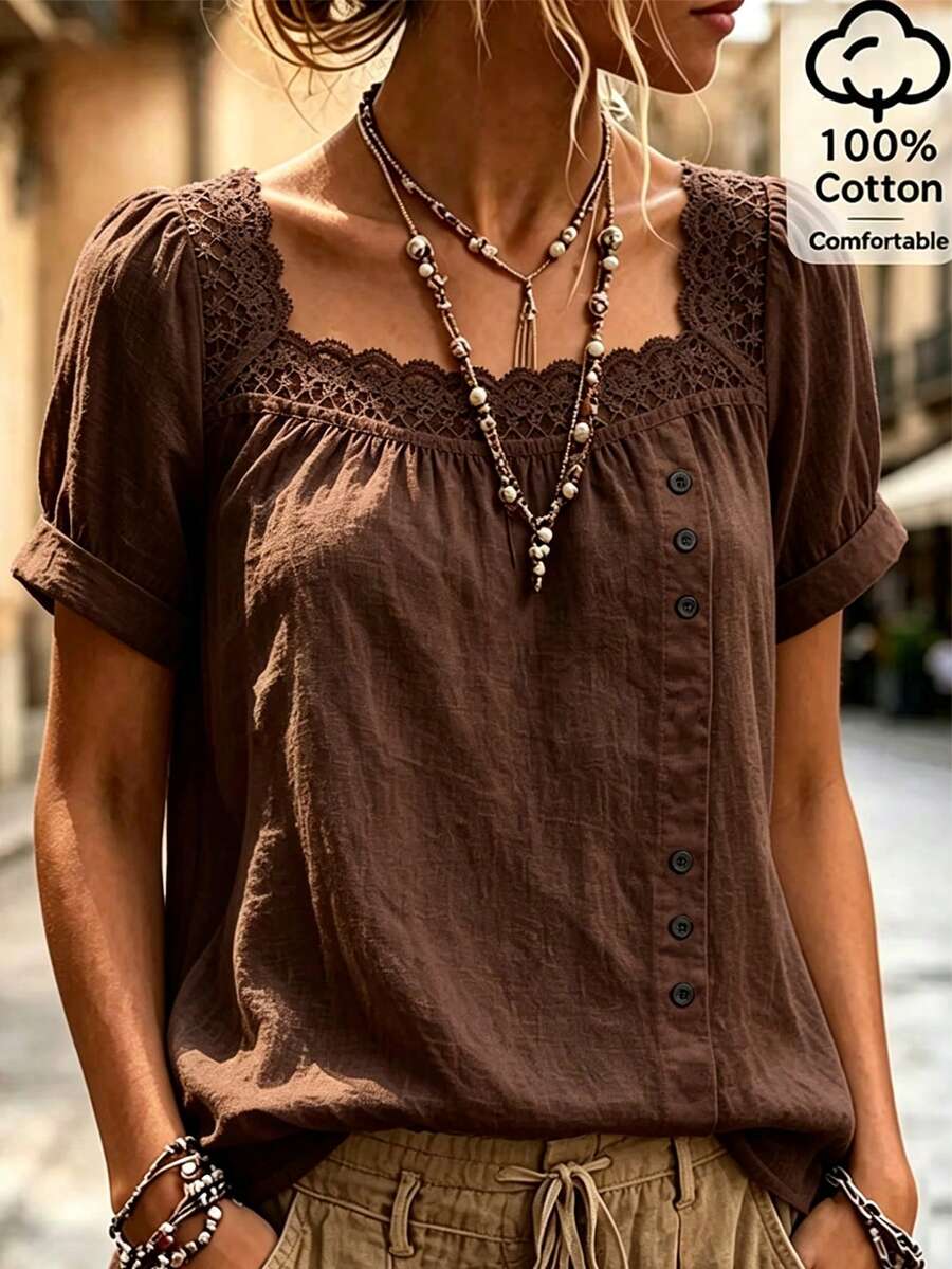 Balvessa White Square Neck Lace Patchwork Casual Blouse For Women - Coffee Brown - View 1