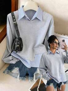 EMERY ROSE Plus Size Casual Linen Striped Patchwork Collared Pullover Sweatshirt, Fashionable & Versatile, Suitable For Autumn Daily Wear & Holidays Fall - Multicolor - View 1