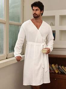 DAZY Bata larga azul lisa para hombre, primavera/verano - Blanco - Ver 4