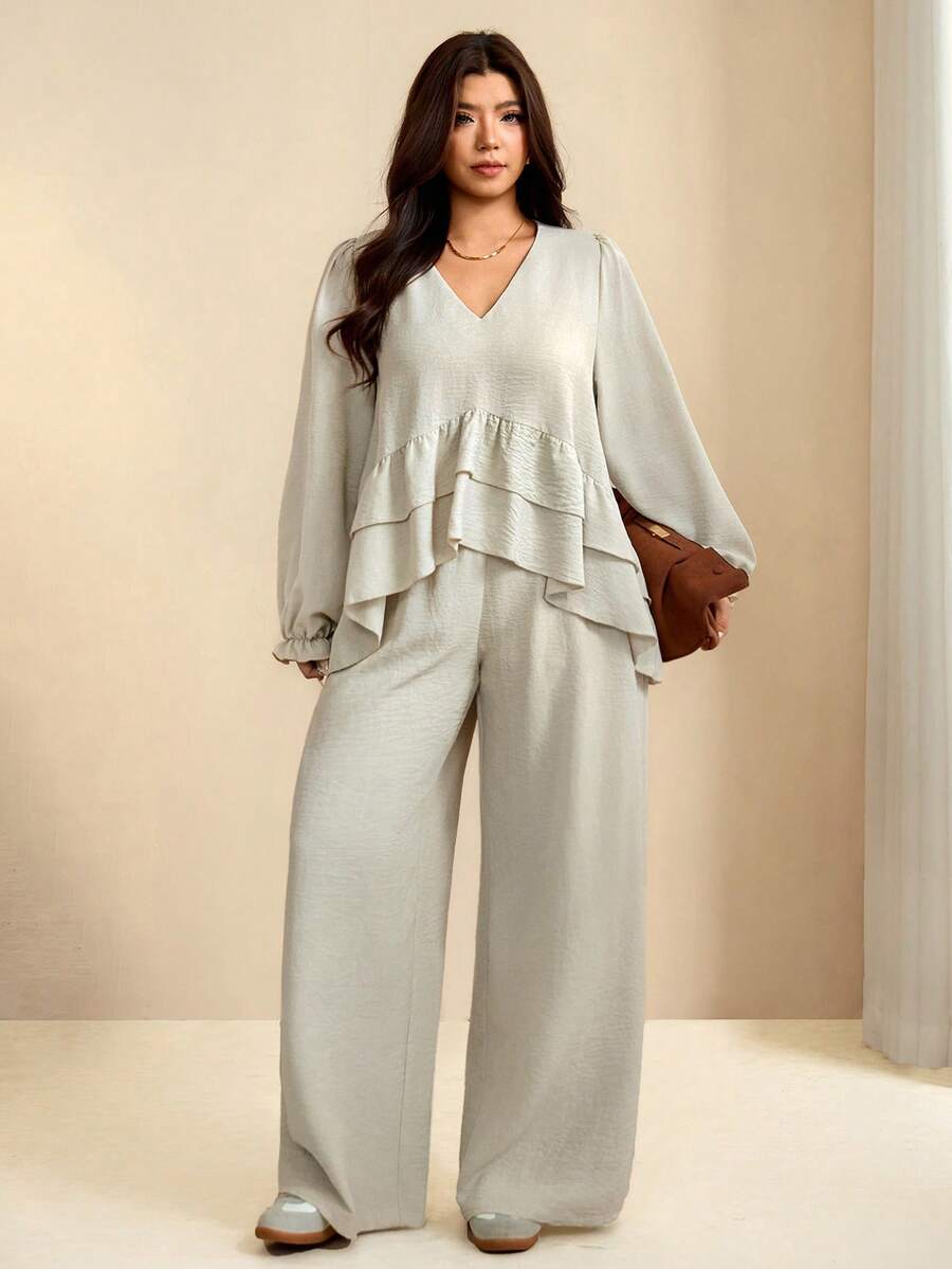 Edennvi Plus Size Women Solid Color V-Neck Pleated Long Sleeve Top And Pants Casual Daily 2-Piece Set Fall - Apricot - View 1