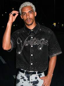 Manfinity VCAY Men's Casual Washed Rhinestone Denim Shirt Streetwear Y2K - Black - View 1