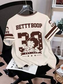 Betty Boop x SHEIN 女款字母印花圓領短袖休閒T恤 - 白色 - 查看 2