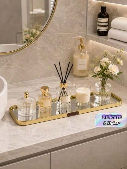 1pc Nordic Luxury Gold Mirror Glass Vanity Tray With Home Detail, Perfume, Cosmetics, Skincare, And Jewelry Decorative Storage Tray, Suitable For Bathroom, Bedroom, And Dressing Table Decor