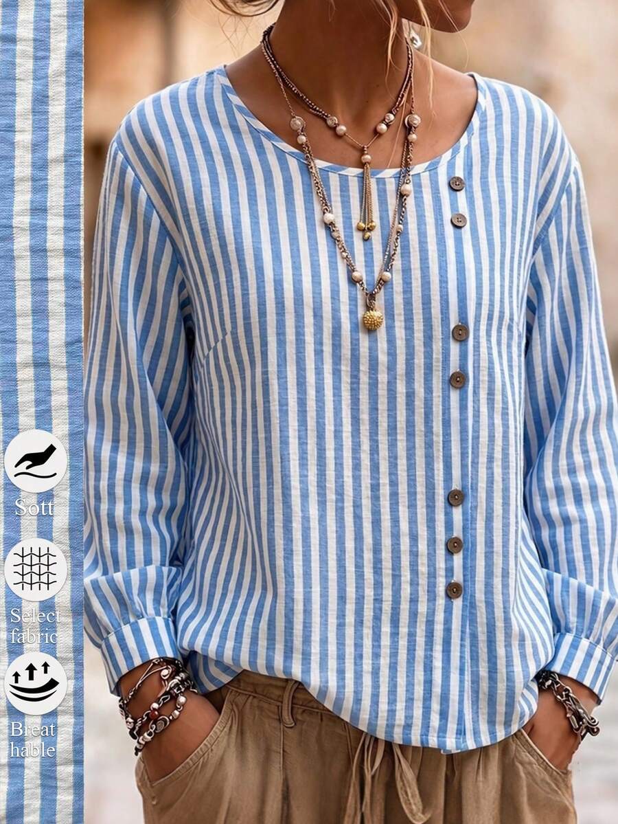 Linhara CURVE Women's Spring/Autumn Commute Casual Minimalist Western Blue And White Vertical Striped Round Neck Wooden Button Asymmetrical Decor - Blue - View 1