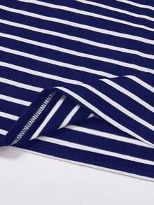 SHEIN Teen Girls Summer New Knit Striped Casual Loose Short Sleeve T-Shirt And Pants Set - Navy Blue - View 6