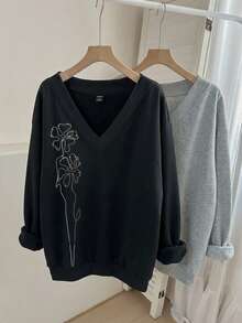 SHEIN LUNE 女款休閒V領抓絨衛衣2件套，適合秋冬，現代都市時尚商務休閒辦公穿搭，低調老錢風 - 彩色 - 查看 2
