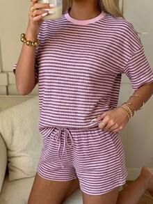 SHEIN EZwear 女士紫色T恤和条纹短裤两件套 - 紫色 - 查看 5