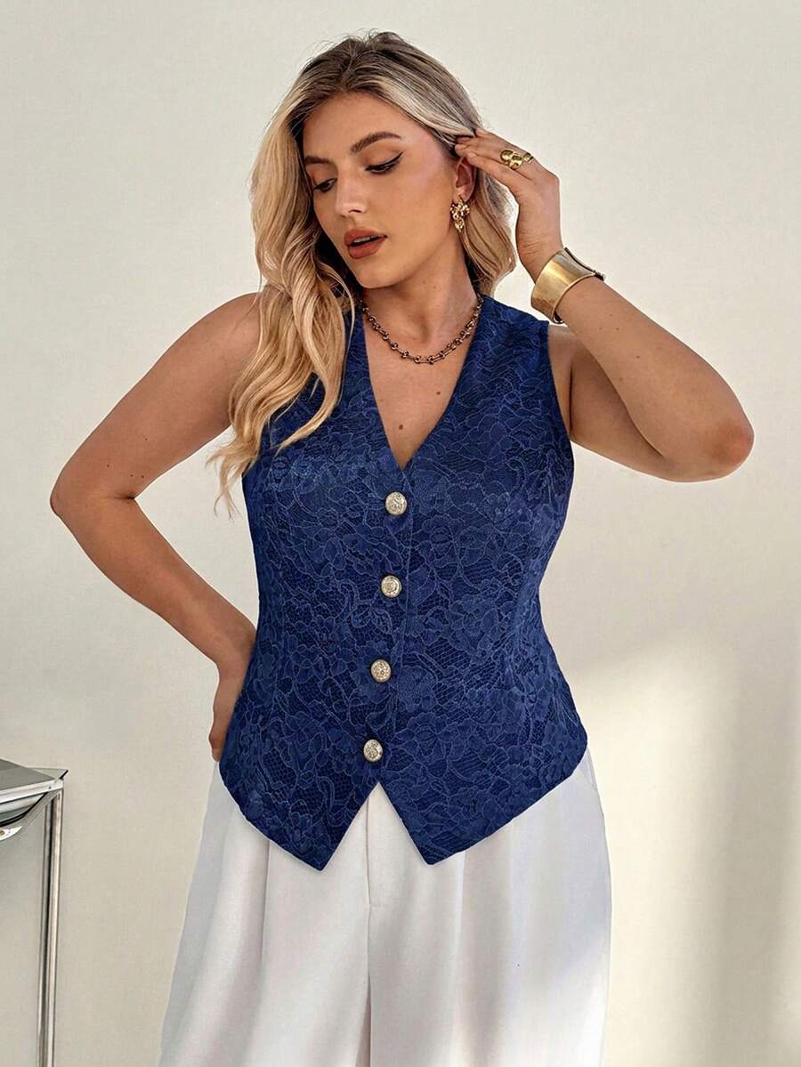 SHEIN Essnce Chaleco de encaje de color liso elegante para ir al trabajo en verano, otoño/invierno, talla grande - Azul Marino - Ver 1
