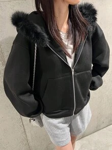Dazy Tall Women's Hooded Fur Collar Patchwork Loose Open Front Cropped Sweatshirt Fall - Black - View 6